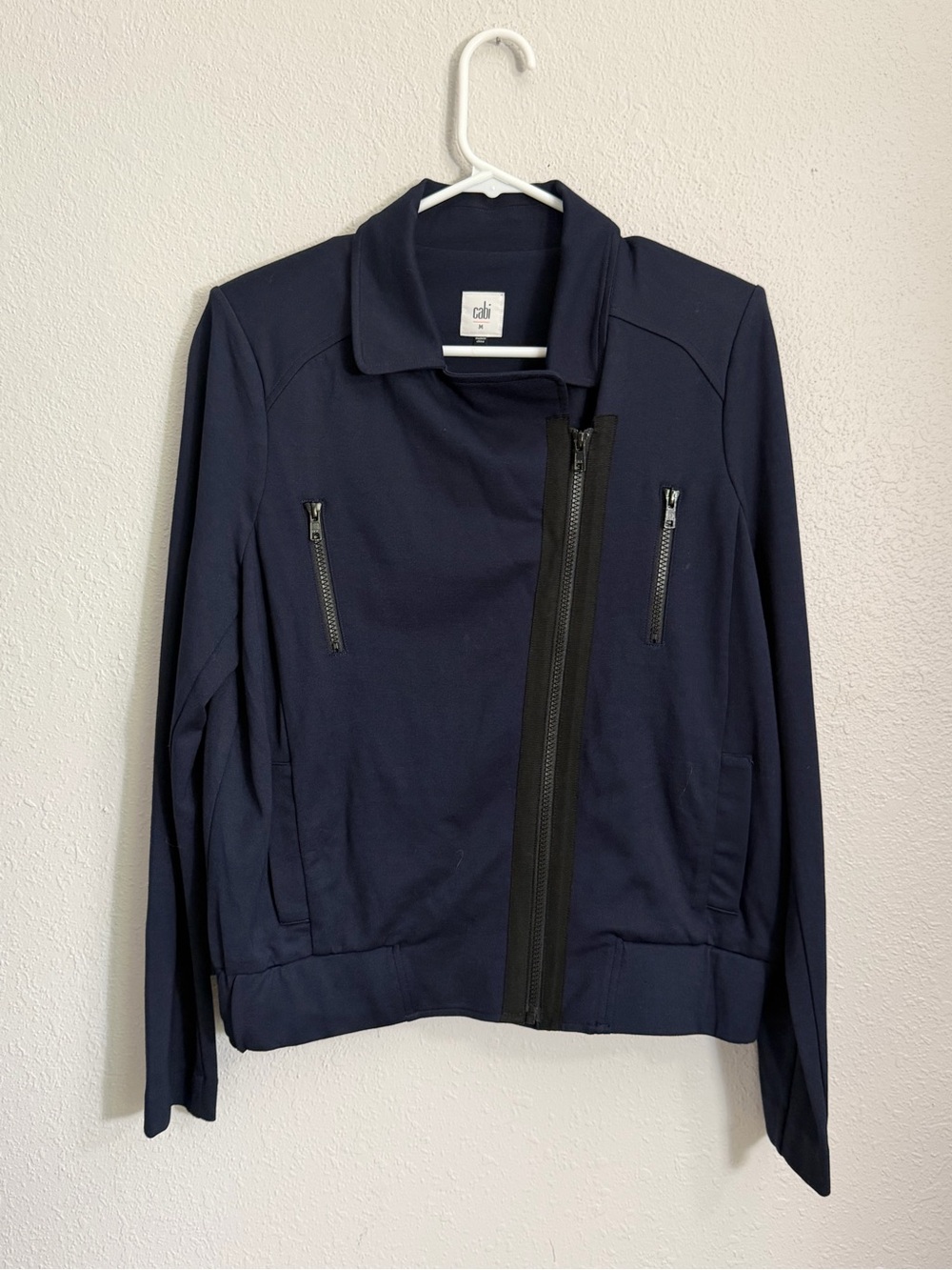 CAbi Navy Asymmetrical Zip Blazer Jacket
